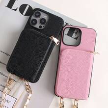 1pc Solid Color Lychee Texture PU Leather Lanyard Card Holder Wallet Phone Case Compatible With Apple 18 17 16 15 14 Plus 13 12 11 Pro Max Compatible With Samsung Galaxy S26 S24 Plus A15 A16 A56 Compatible With Google Pixel 9a 8 Pro - Black - View 7