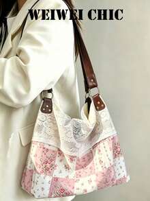 Pink Floral Plaid Patchwork Shoulder Bag With White Lace Overlay, Adjustable PU Wide Strap Large Capacity Hobo Tote Bag For Casual Daily Outings - Pink - View 4