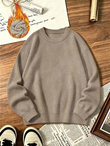 Plus-Size Women's Casual Everyday Versatile Camel-Colored Round Neck Faux Knit Sweater Fall - Camel - View 3