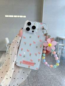 #Android#1pc Transparent TPU Soft Bean Paste Pink Flower Butterfly English Slogan Pattern Full Coverage Phone Case And 1pc Pink Flower Colorful Bead Bracelet Phone Charm, Suitable For Versatile Phone Case/Transparent Phone Case/Interesting Phone Case/Android Phone Case/ Phone Case/ Phone Case/ Phone Case - Multicolor - View 2
