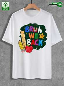 Youth Bruh We Back Chalkboard Pencil Apple Graphic 100% Cotton Short Sleeve T-Shirt, Retro Colorful Letter Casual Street Tee For Spring Summer - White - View 5