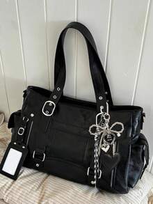 Fashionable Large Capacity Multi Pocket Solid Color Shoulder Bag, Simple Retro Punk Style Daily Underarm Bag, Suitable For Commuting, Daily Outings - Black - View 12