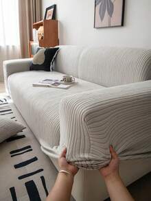 1pc Classic Elastic Fitted Sofa Cover, With T-Shaped Back Cushion Design, Machine Washable Polyester Fiber Dustproof Cover, With Antibacterial And Soft Properties, Suitable For Single Sofa, Double Sofa, 3-Seater Sofa And 4-Seater Sofa, Holiday Decoration - Light Grey - View 7