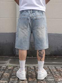 BLACKTOEXIT Men's DenimBermuda Shorts Mid-High Waist Wide Leg American Street Style Distressed Washed Loose Straight Leg Denim Mid-Length Pants Summer Retro - Blue - View 5
