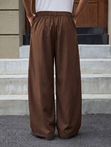 1pc Men's American Korean Street Style Minimalist Structured Straight Leg Loose Wide Leg Casual Long Pants - Brown - View 3