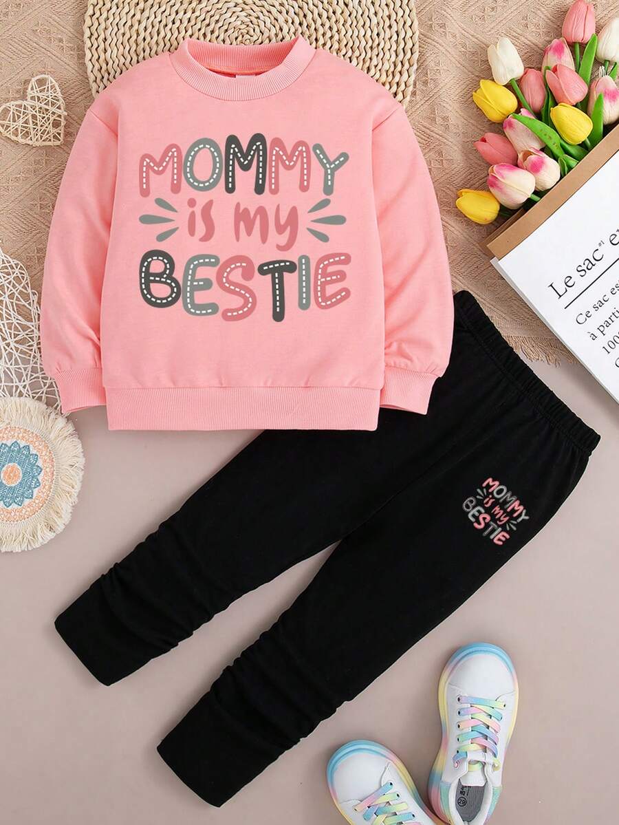 Tween Girl Letter Print Crew Neck Sweatshirt And Leggings Casual Set - Pink - View 1
