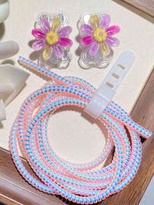 1 Set TPU Flower Data Cable Protector, Protects Data Cable, Made Of Durable ABS Material - Suitable Compatible With Apple 18W/20W Charger, Protects Charging Phone Cable From Damage Protector - Pink Purple Rainbow Daisy - View 12