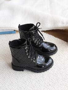 1 Pair Girls' Boots Autumn New Style Single Lining Shiny Leather Performance Shoes Side Zipper Fashion Round Toe Children's Ankle Boots - Black - View 6