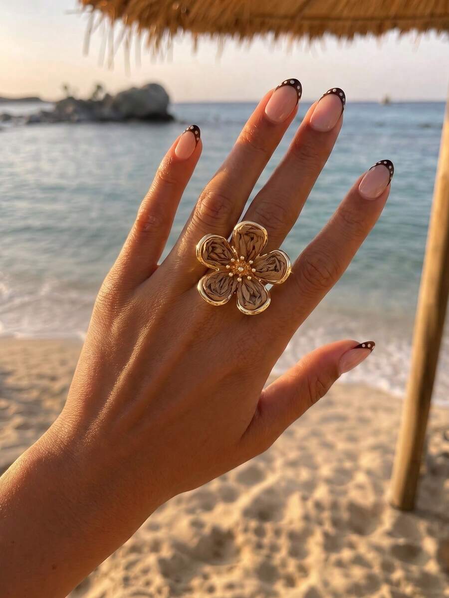 1pc Pastoral Fresh Style Raffia Flower Open Ring, Women's Versatile Khaki Jewelry For Travel And Commute - Khaki - View 1