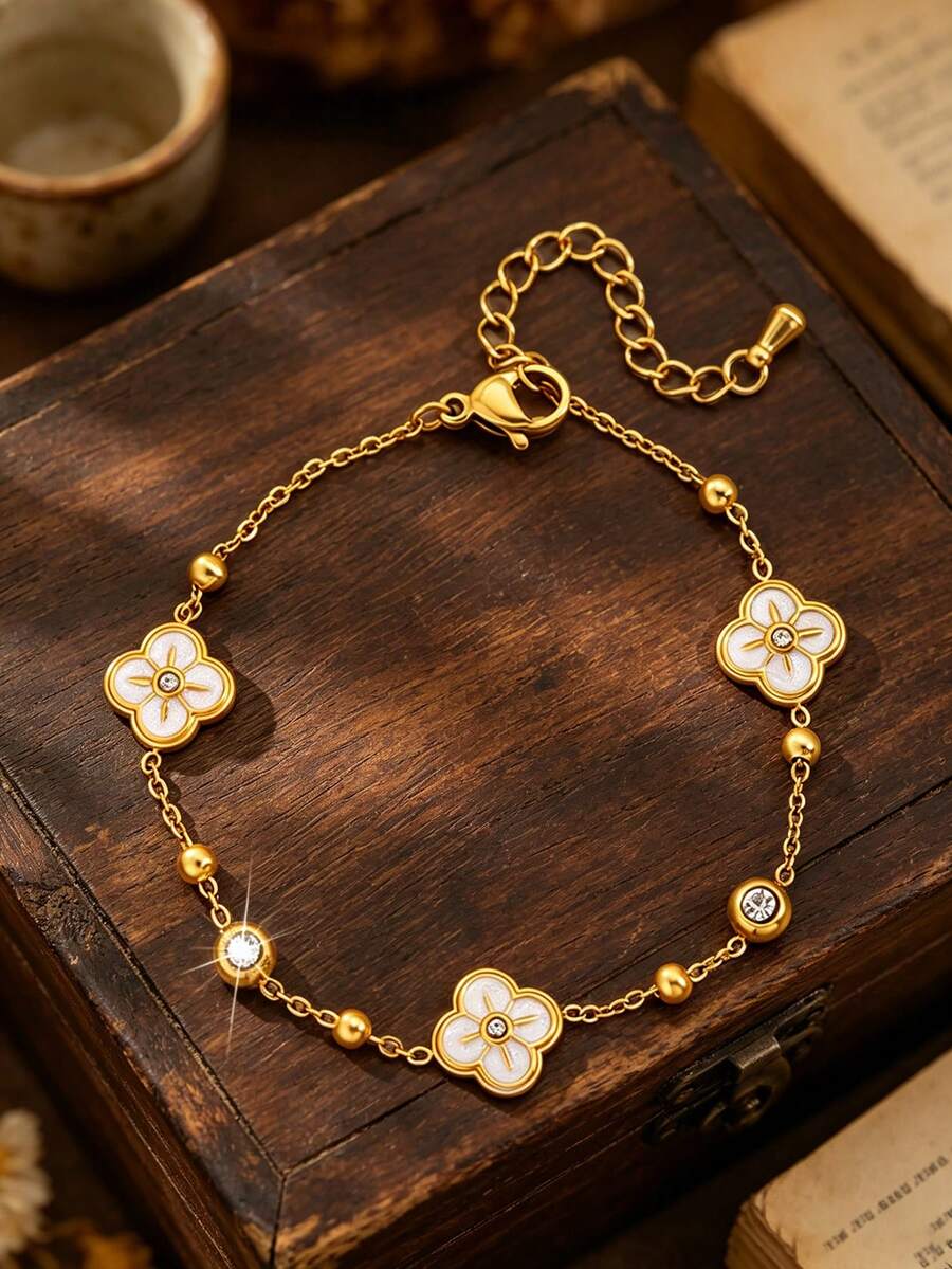 1pc Stainless Steel Heart, Flower, Clover, Rhombus Mother Of Pearl Bracelet, Elegant & Fashionable Micro-Inlaid Bracelet For Women, Summer New Arrival - Gold - View 1