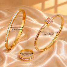 3pcs/Set Women's Elegant Premium Gold-Plated Jewelry Set, Romantic Pink Rhinestone Knot Bracelet & Ring With Clear Crystal Bangle, Sweet Pure Style, Gift Recommendation, Versatile For Daily Wear - Gold - View 3