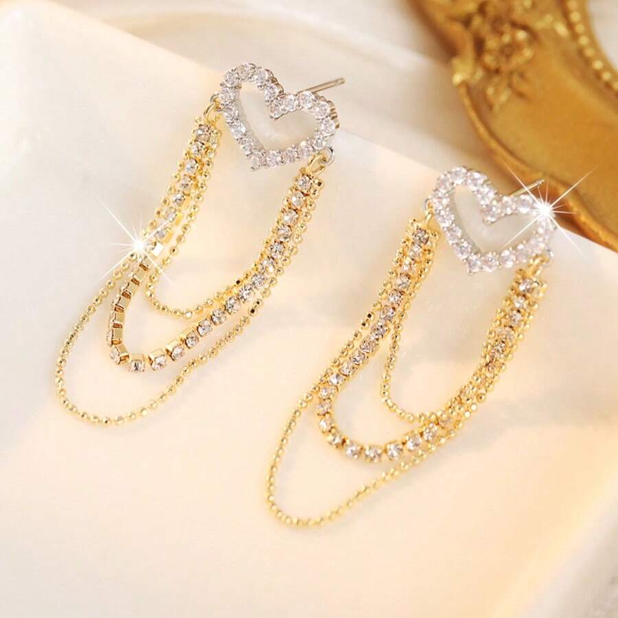 DIYCCPC Elegant Luxury Synthetic Zirconia Heart-Shaped Multi-Chain Tassel Pendant Earrings, Sparkling Handmade Daily Versatile Jewelry Accessory, Perfect Gift For Women - Gold - View 1