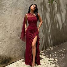 Women's One Shoulder Mesh Slit Formal Long Dress, Suitable For Wedding Guest, Prom, Homecoming, Evening Party, Wine Red Elegant Outfit - Burgundy - View 4