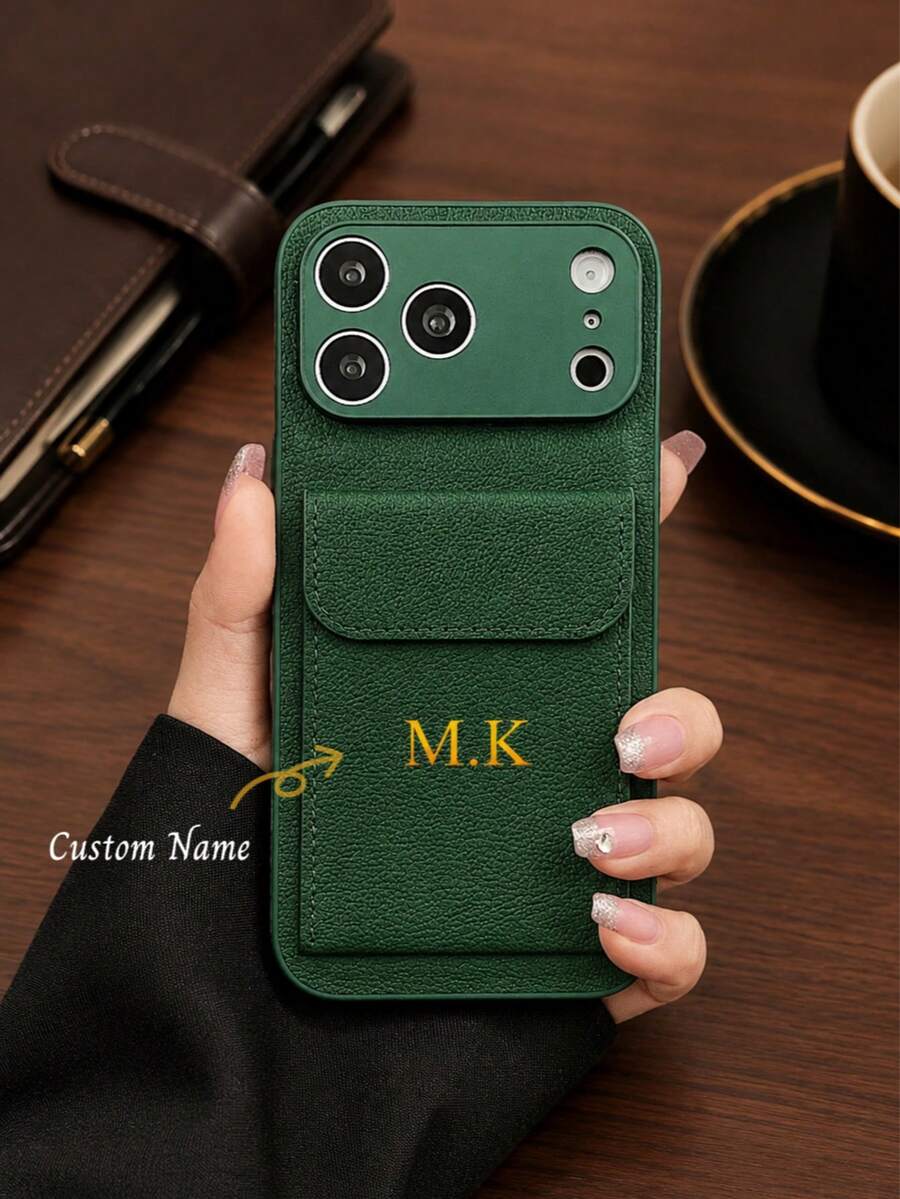 1pc Personalized Luxury Lychee-Textured Flip Card Holder Faux Leather Phone Case, Customizable With Letters And Name, Compatible With Apple 17, 16, 15, 14, 13, 12, 11 Pro Max, 16 Plus, 17 Air, Full-Coverage Lens Protection Phone Case.