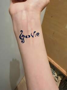 1件裝藝術草寫「Gove」手腕迷你臨時紋身貼紙，防水持久假紋身，可維持7-14天，適用於手指、頸部、鎖骨、腳踝、肋骨身體藝術貼紙 - 黑色 - 查看 3