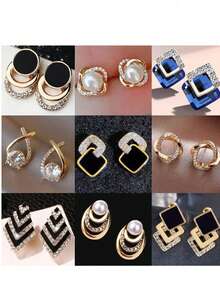 12pcs Women's Metal Earrings Fashion High-End French Luxury Elegant Ear Drops - Yellow Gold - View 1