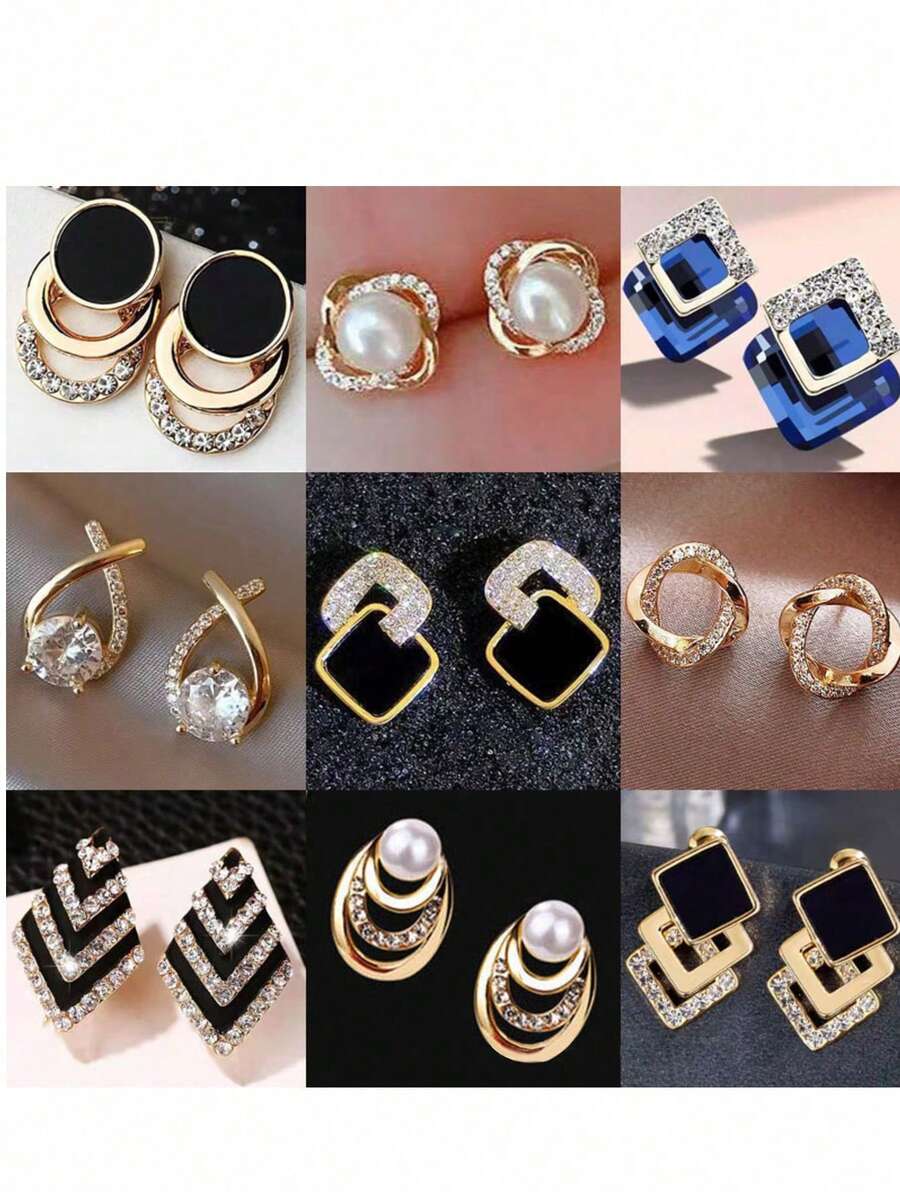 12pcs Women's Metal Earrings Fashion High-End French Luxury Elegant Ear Drops - Yellow Gold - View 1
