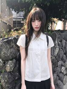 Women's Solid Color Pleated Casual Versatile Daily Outing Shirt Summer White - White - View 2