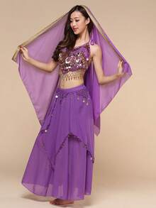 Women Halter Gold Coin Fringe Crop Top & Chiffon Long Skirt, Oriental Belly Dance Carnival Rave Performance Outfit, Multiple Colors Available - Multicolor - View 2