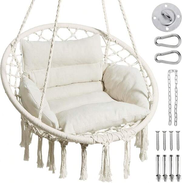 Silla Hamaca con cojín cómodo, Bohemio para Exteriores e Interiores, Perfecta para recámara, Patio, balcón, soporta hasta 350 Libras, Color Beige