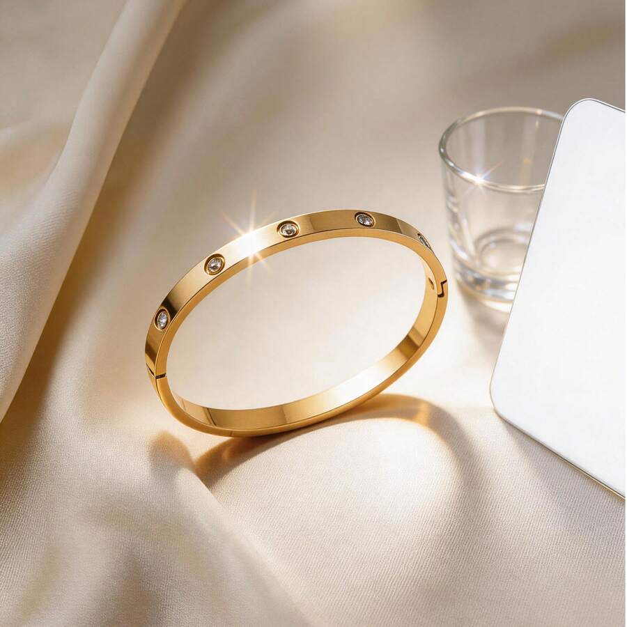 1Pc Best Minimalist Stainless Steel Charm Bangle, Round Rhinestone Inlaid, Anti-Fade Stackable Women Bracelet, Teacher Jewelry Gift For Back To School - Gold - View 1