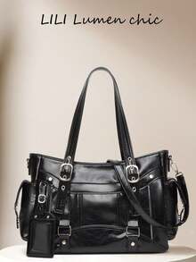 Minimalist Dark Street Style Tote Bag, Silver Hardware Buckle And Side Zipper Decor Large Capacity Handbag, Perfect For Cool Daily Outfits - Black - View 3