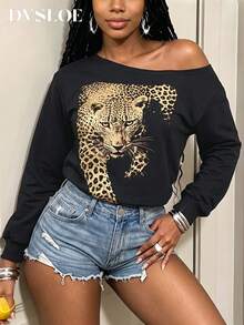 Women's Gold Leopard Print Digital Printed Off-Shoulder Long Sleeve Ribbed Trim Casual Pullover Sweatshirt - Black - View 4