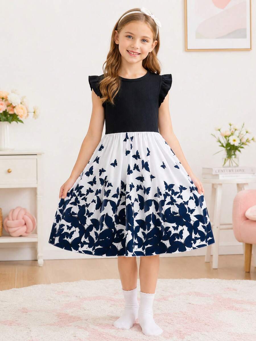 Tween Girls' Elegant Cap Sleeve Ribbed Patchwork Floral Print Casual Dress, Summer - Navy Blue - View 1