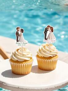 Customized Photo Cupcake Toppers, Personalizable With Name, Wedding Date And Photo, Romantic Dessert Table Decor, Suitable For Wedding Reception, Engagement Party, Anniversary, Wedding Celebration And Birthday Cake Display - Multicolor 1 - View 4