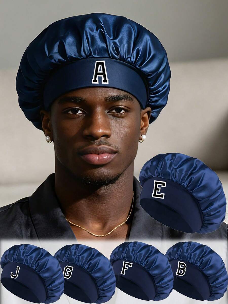 1pc Men's Navy Blue Satin Sleep Cap, Single Letter Embroidered Wide Band Elastic Hairband Hair Cap, Anti-Frizz Hair Protection Night Cap - Dark Blue - View 1