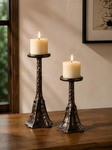 1pc Retro Silver Candlestick, High And Low Combination Fine Column Shape, Hammer Texture Texture Tray Base Details, Long Candle Atmosphere Decoration Items, Living Room, Dining Table, Bedroom, Wedding Party, Festival Celebration Scene - Bronze Hill - View 5