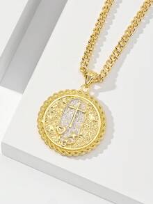 1pc 14K Gold Plated Copper Dual-Color Lace Cross Heart Star Round Pendant Necklace, Wavy Lace Hammered Silver Base Cross Gold Heart Five-Pointed Star Embossed Design With Cuban Chain, Suitable For Christmas/Thanksgiving/Halloween/Mother's Day/Valentine's Day Couples/Friends/Fellow Believers Gifts, Catholic First Communion, Gifts, Daily Holiday Wear And Prayer - Yellow Gold - View 4