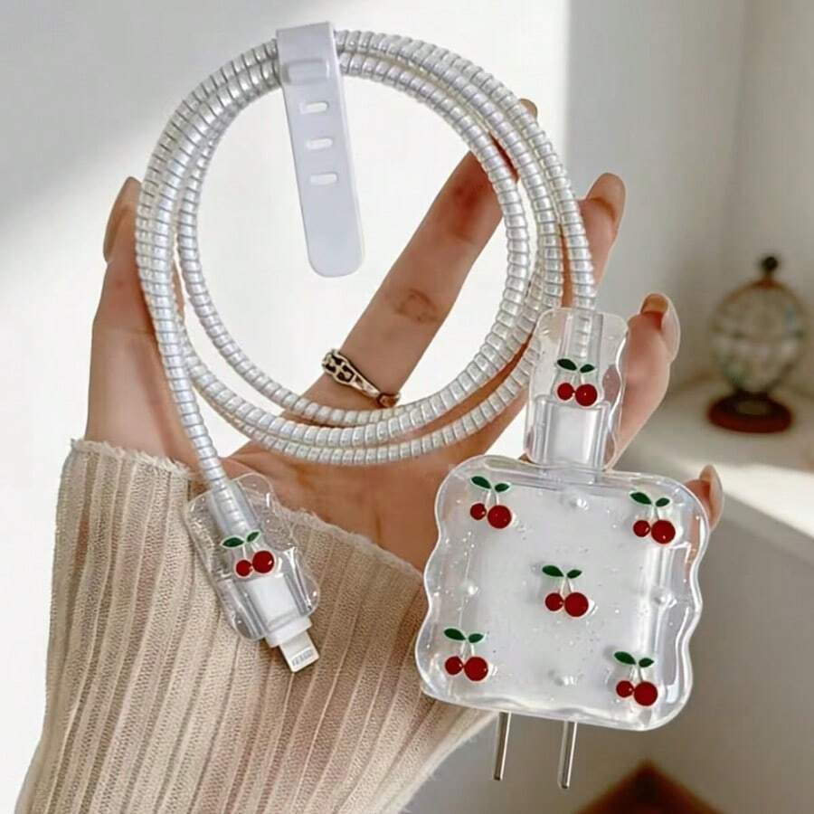 Cute Cherry Pattern Data Cable Protector Compatible With Apple Fast Charging 18-20W Charger, Simple Anti-Breakage, Essential Gift, Premium Feel, Extends Data Cable Lifespan, Anti-Pet Bite, Suitable For Boyfriend/Girlfriend/Best Friend - Multicolor - View 1