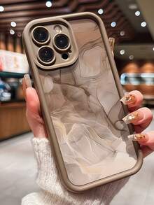1件雙色棕色邊框階梯眼手機殼，中性咖啡墨色大理石漩渦印花防震軟TPU保護殼，附加高鏡頭框，適用於Apple 11、12、13、14、15、16、17 Pro Max，極簡中性風格女性手機殼 - 棕色 - 查看 4