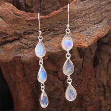 1 Pair Bohemian Vintage Teardrop Shaped Synthetic Gemstone Pendant Earrings, Fashionable Wedding Party Jewelry Gift For Women - Silver - View 1