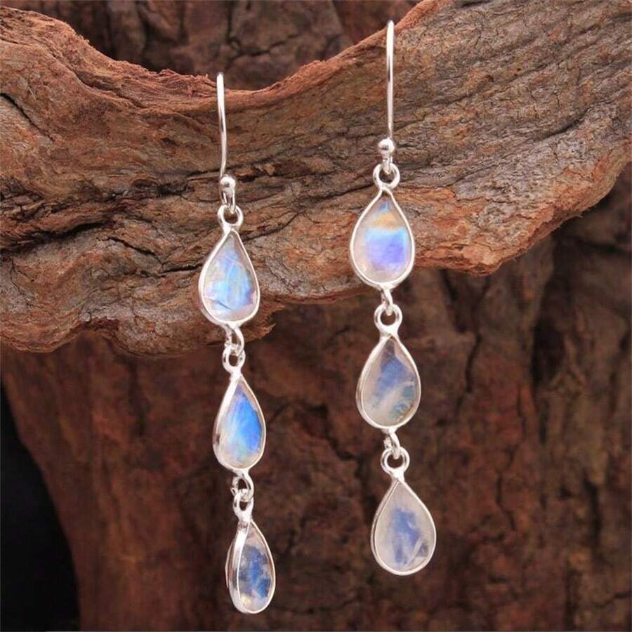 1 Pair Bohemian Vintage Teardrop Shaped Synthetic Gemstone Pendant Earrings, Fashionable Wedding Party Jewelry Gift For Women - Silver - View 1