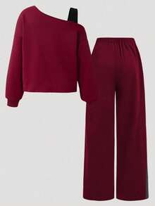 Youth Girl Cartoon Print Round Neck Asymmetrical Shoulder Long Sleeve Top And Pants - Burgundy - View 2