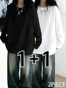 Women's Spring/Autumn Loose Fit Versatile Crew Neck Fashion Minimalist All-Match 2pcs Long Sleeve T-Shirts Casual - Black + White - View 3