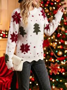 Women's Round Neck Contrast Christmas Tree Snowflake Jacquard Wavy Hem Fall/Winter Loose Fashion Knit Pullover – New Year & Christmas Festive Sweater - White - View 2