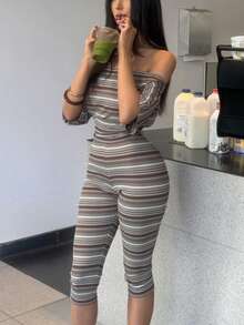 女款休閒條紋露肩短版上衣 + 修身七分褲 2件套，中等彈性秋季穿搭 - 灰色 - 查看 5