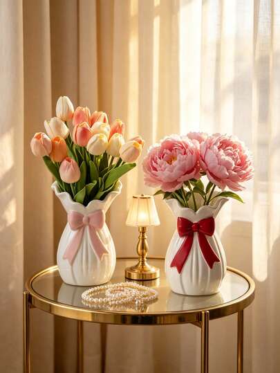 1 pieza Jarrón con diseño de lazo, soporte para flores con borde ondulado blanco, pequeña decoración de centro floral, adecuado para decoración del hogar, estilo granja moderna sala de estar dormitorio oficina adorno de escritorio, decoración estética de campo, accesorio popular para renovación de habitación en primavera y verano