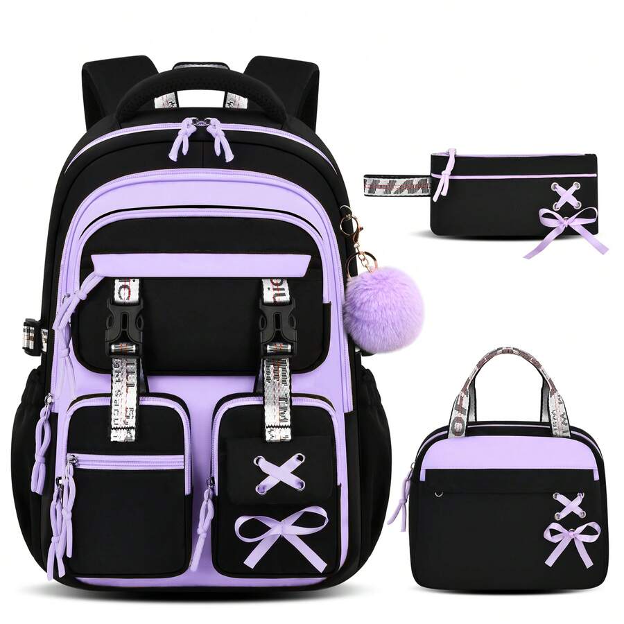 3-Piece Detachable Ribbon Backpack Set, Buckle Design School Bag With Tote Bag And Pencil Case, Suitable For Campus And Travel - A - View 1
