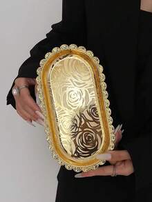 1pc Embossed Rose Pattern Gold Rim Oval Tray, French Luxury Gold And Silver Dual-Tone Metal Storage Dish, Suitable For Displaying Desserts, Snacks, Aromatherapy, Jewelry, Perfect For Elegant Afternoon Tea Presentation, Soft Decor Still Life Photography, Applicable To Home Vanity, Living Room Coffee Table, Wedding Dessert Table, Influencer Bakery Store Scenes - Multicolor - View 11