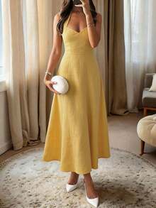 Gaun Midi Halter Kuning Wanita Musim Gugur, Gaun Linen A-Line dengan Ikatan Punggung Bentuk Hati untuk Kembali ke Sekolah, Liburan, Ulang Tahun, dan Acara Keluar Rumah - Kuning - View 5