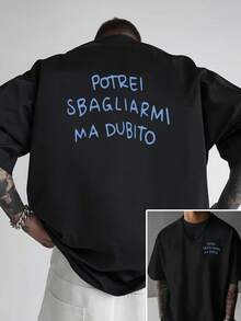Christmas 1pc Men's Shirt With Italian Cursive Script - Double-Sided Front And Back Panel With Italian Phrase, Loose Fit, Popular Item - 黑色 - 查看 2