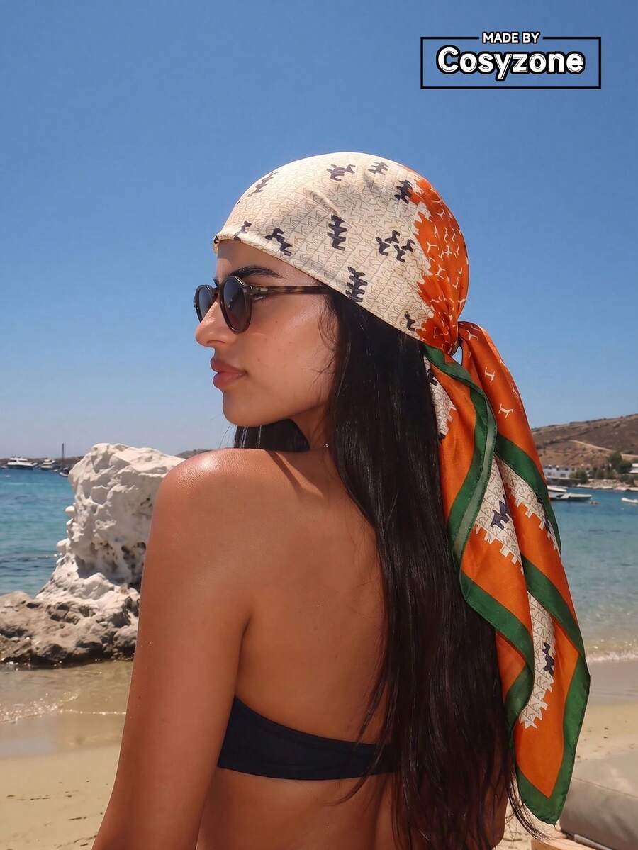 1PC Women's Elegant Pattern Printed 90cm Square Scarf, Suitable For Casual And Fashionable Street Wear, Headband, Hairband, Outdoor Sun Protection, Perfect For Styling Your Look - Orange - View 1
