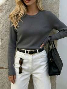 Suéter básico de mujer acanalado, cálido y suave, ajuste ceñido, otoño/invierno - Gris - Ver 3