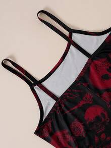 Halloween Teen Girls Fashion Knit Shiny Jacket And Skull Print Cami Dress 2 Pieces Set - Burgundy - View 9