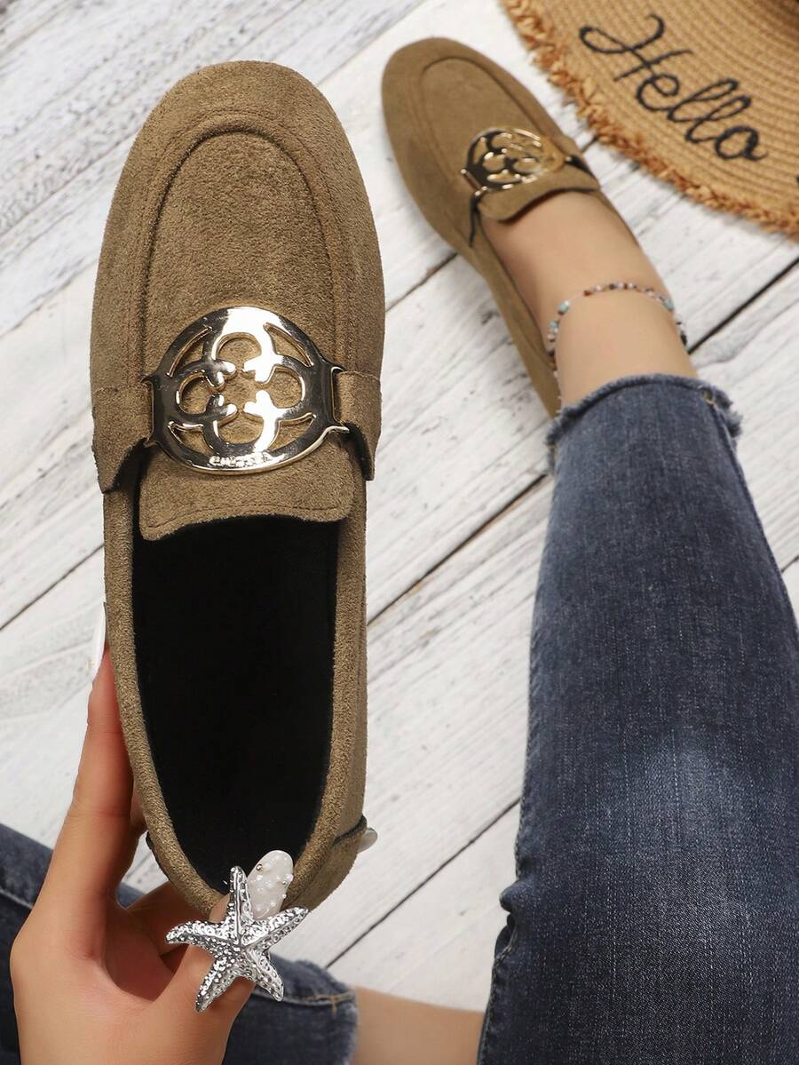 2026 Spring/Summer New Women's Round Buckle Flat Loafers - Khaki - View 1