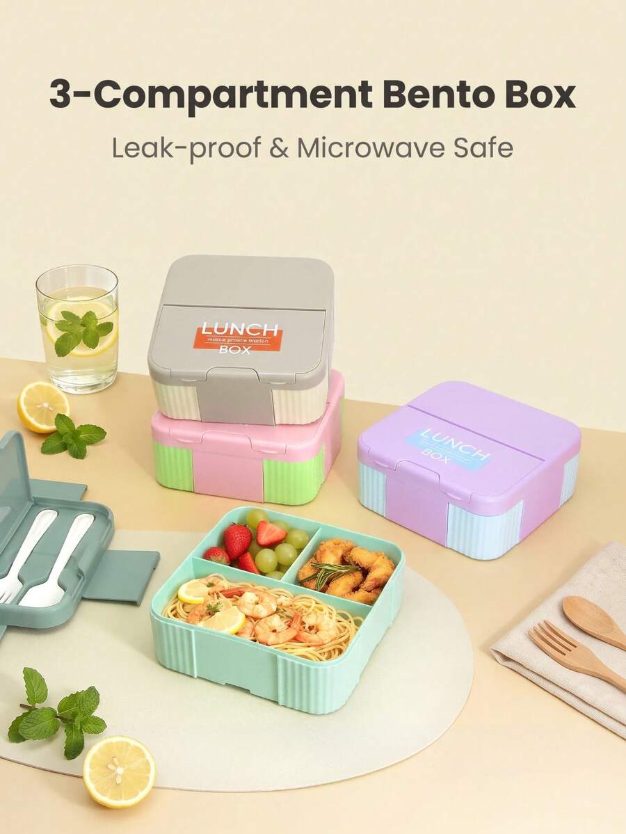方形便攜分格便當盒,附餐具與醬料盒,密封蓋,可微波爐與冰箱使用,適合學生、辦公室、旅行 - 彩色 - 查看 1
